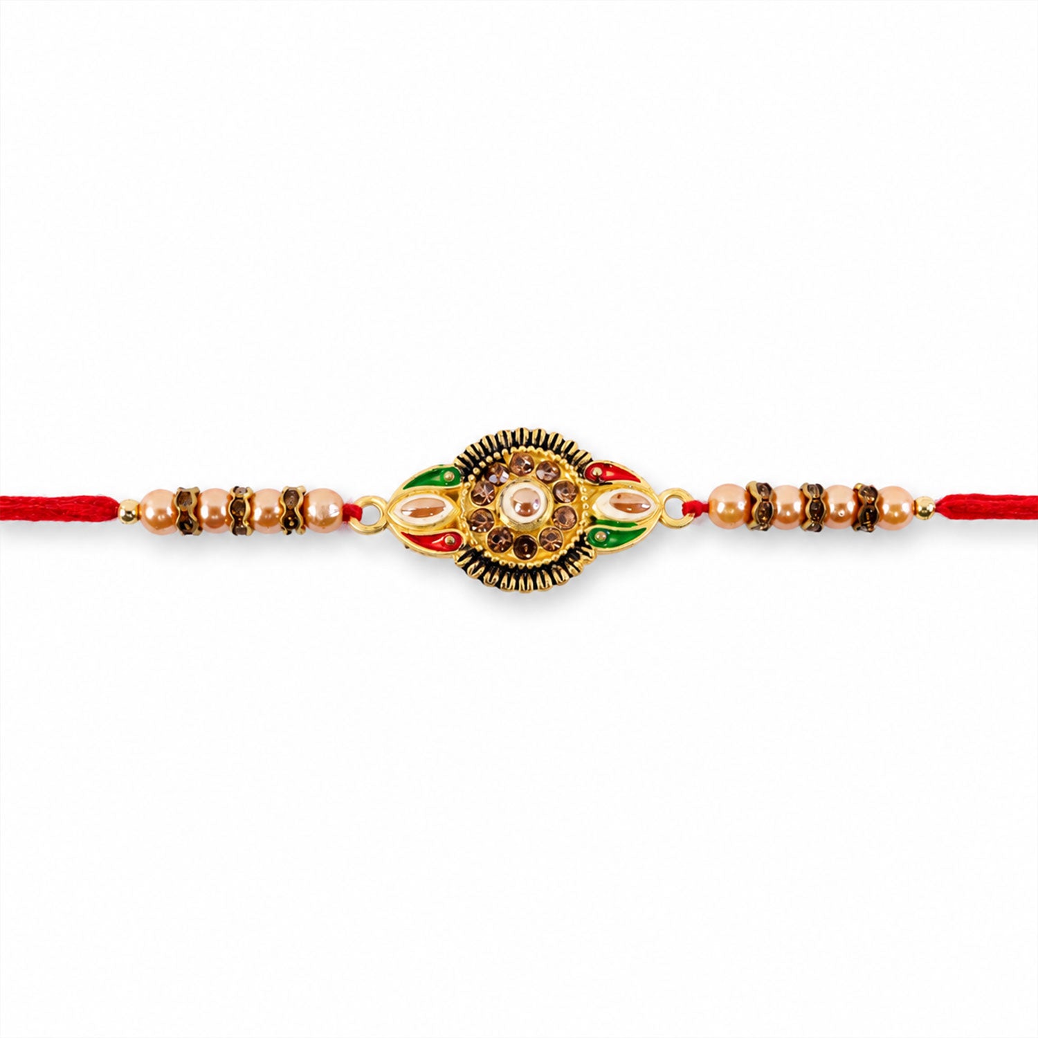 Stone work rakhi for Raksha Bandhan, showing its full design