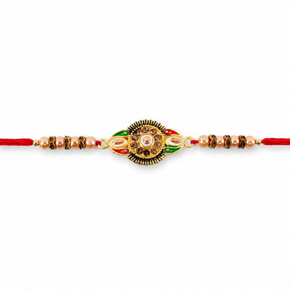 Stone work rakhi for Raksha Bandhan, showing its full design