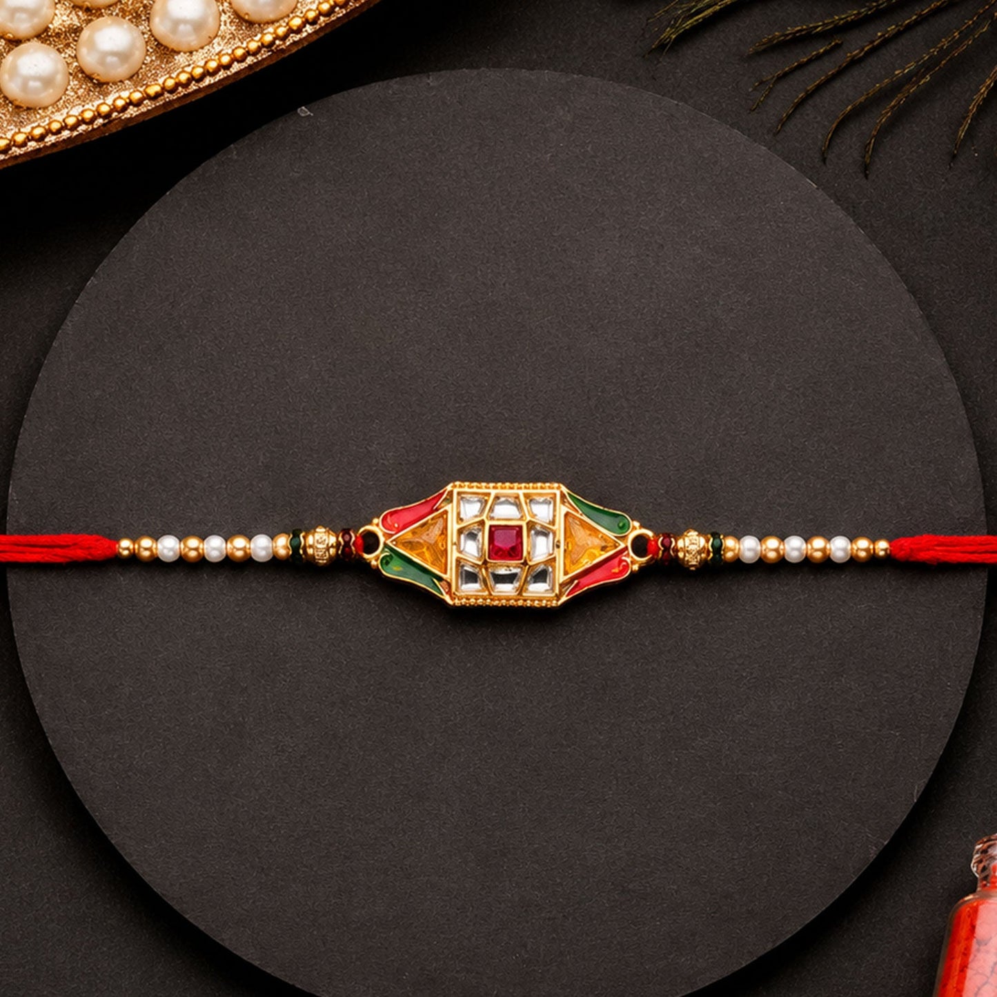 Diamond Shape Designer Rakhi for Brother with Beaded Thread
