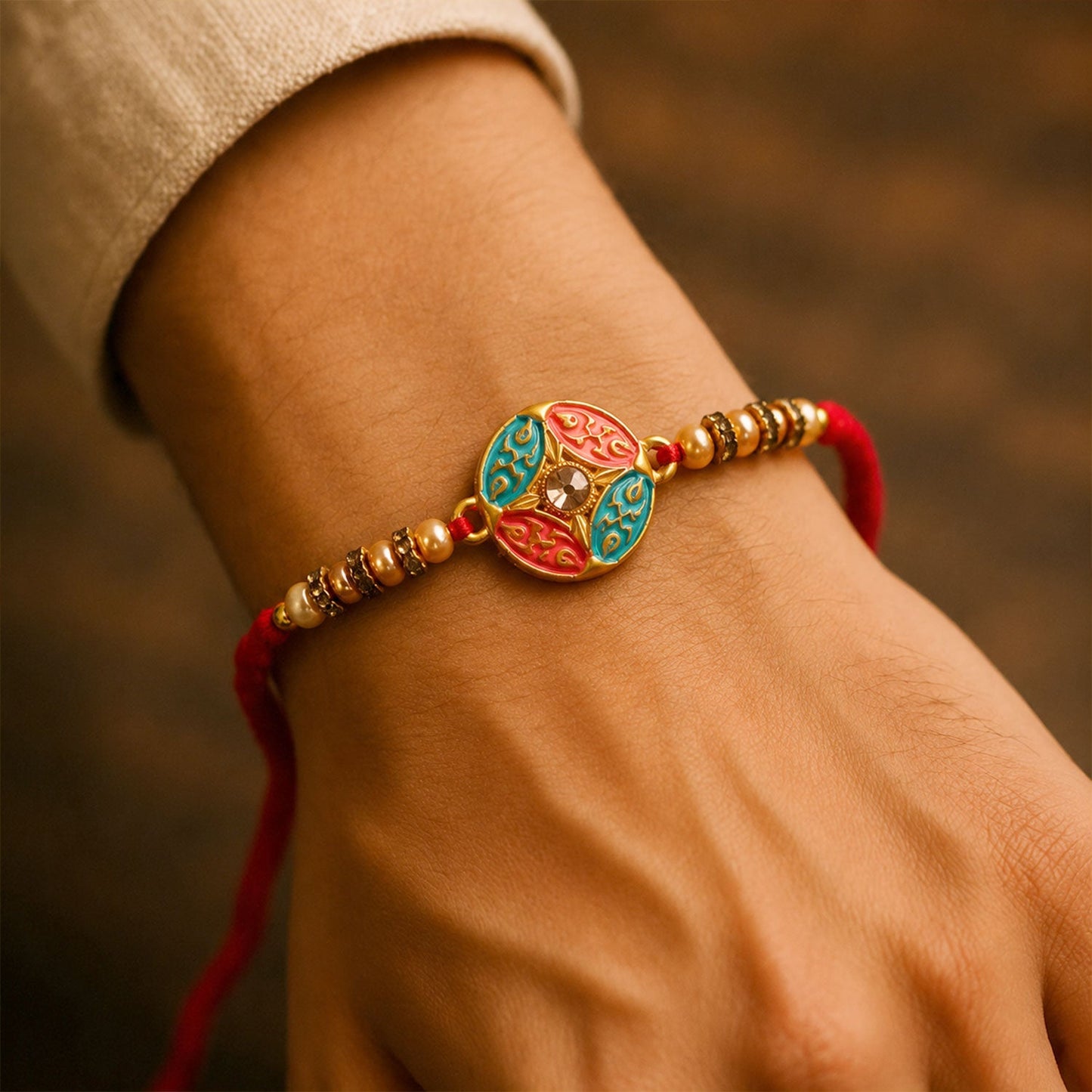 Rakhi for brother tied on a wrist, showing festive charm