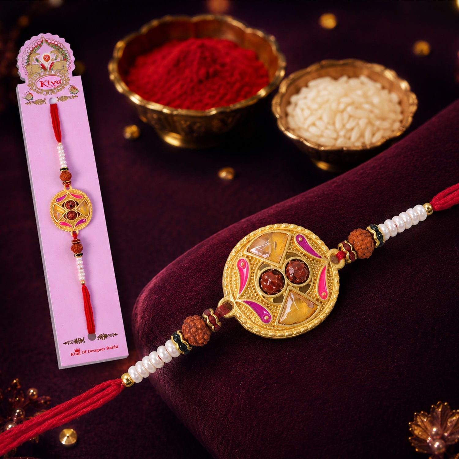 Circular Kundan designer Rakhi for brother adorned with pearl beads.