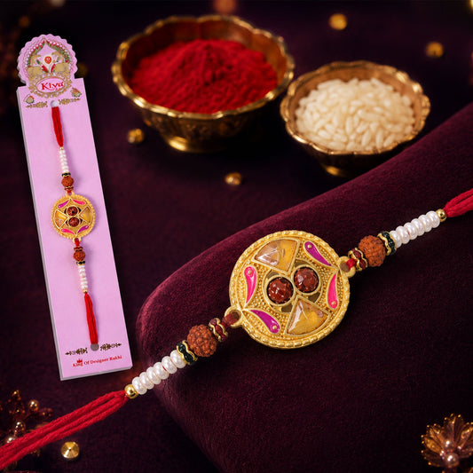 Circular Kundan Designer Rakhi for Brother with Pearl Beads
