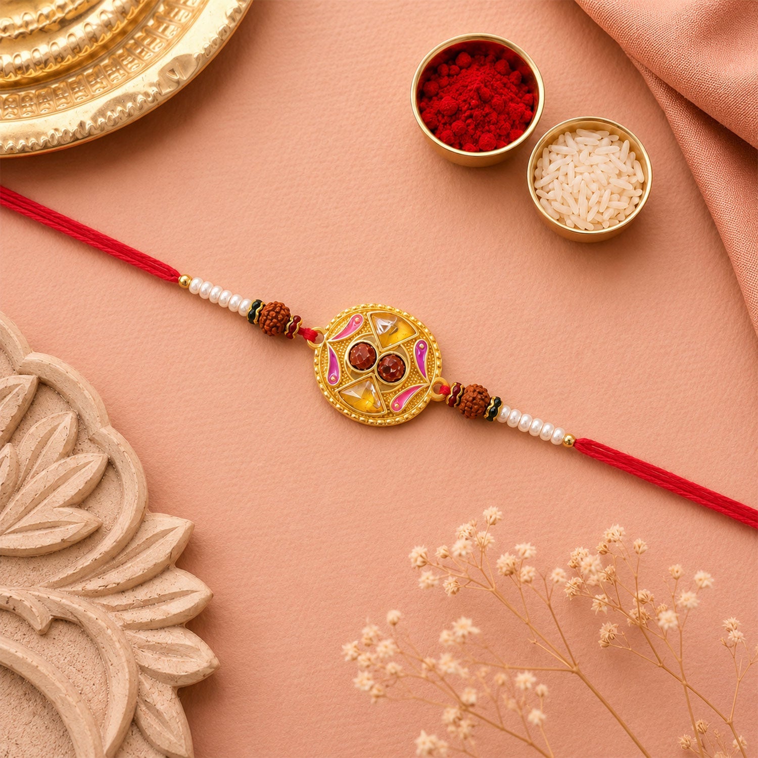 Elegant pearl beaded Kundan Rakhi, suitable for festive gifting.