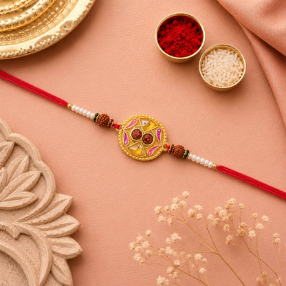 Elegant pearl beaded Kundan Rakhi, suitable for festive gifting.