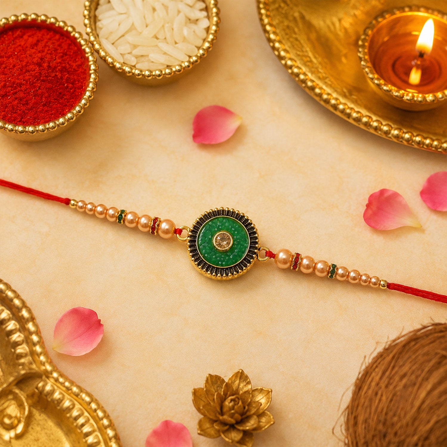 Front view of the festive Kundan Rakhi for Brother ready for Raksha Bandhan celebrations.