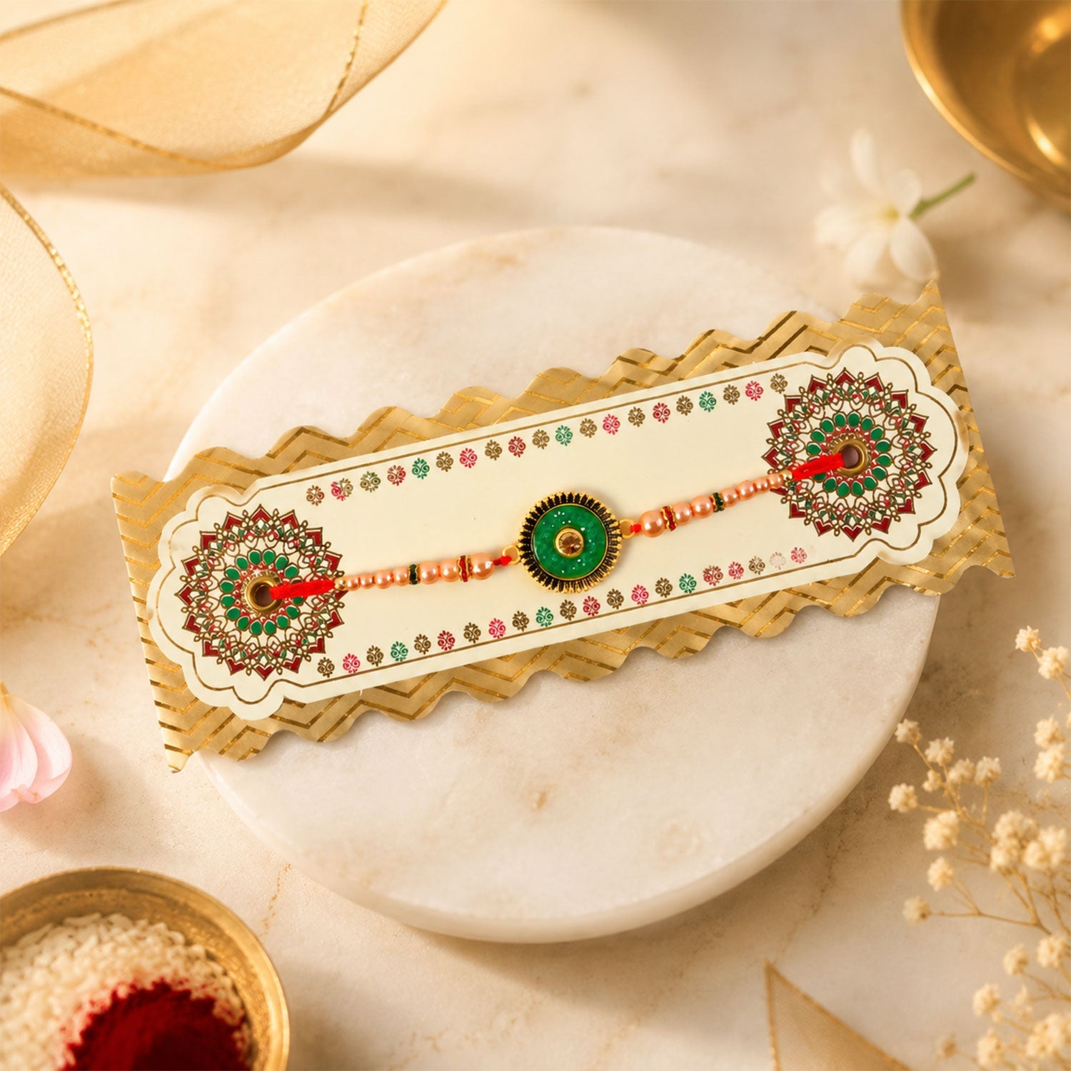 Side view of the traditional Kundan Rakhi for Brother showcasing its detailed beadwork.