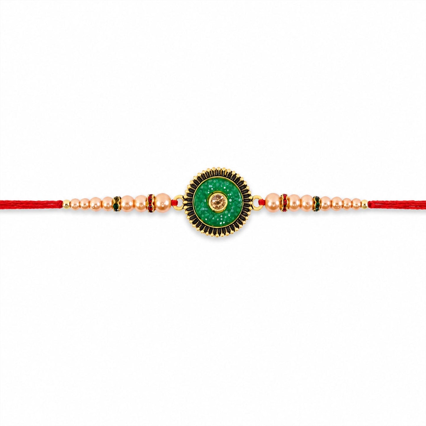 Detailed shot of the comfortable thread and traditional beads on the Kundan Rakhi for Brother.