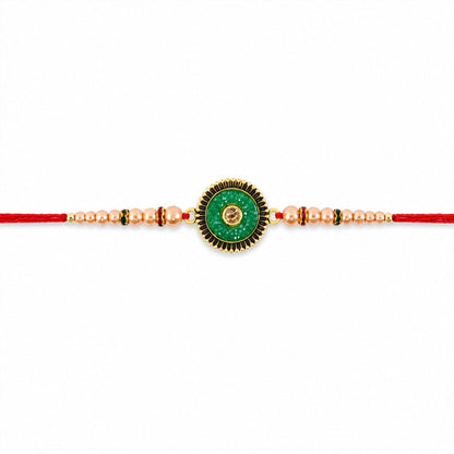 Detailed shot of the comfortable thread and traditional beads on the Kundan Rakhi for Brother.