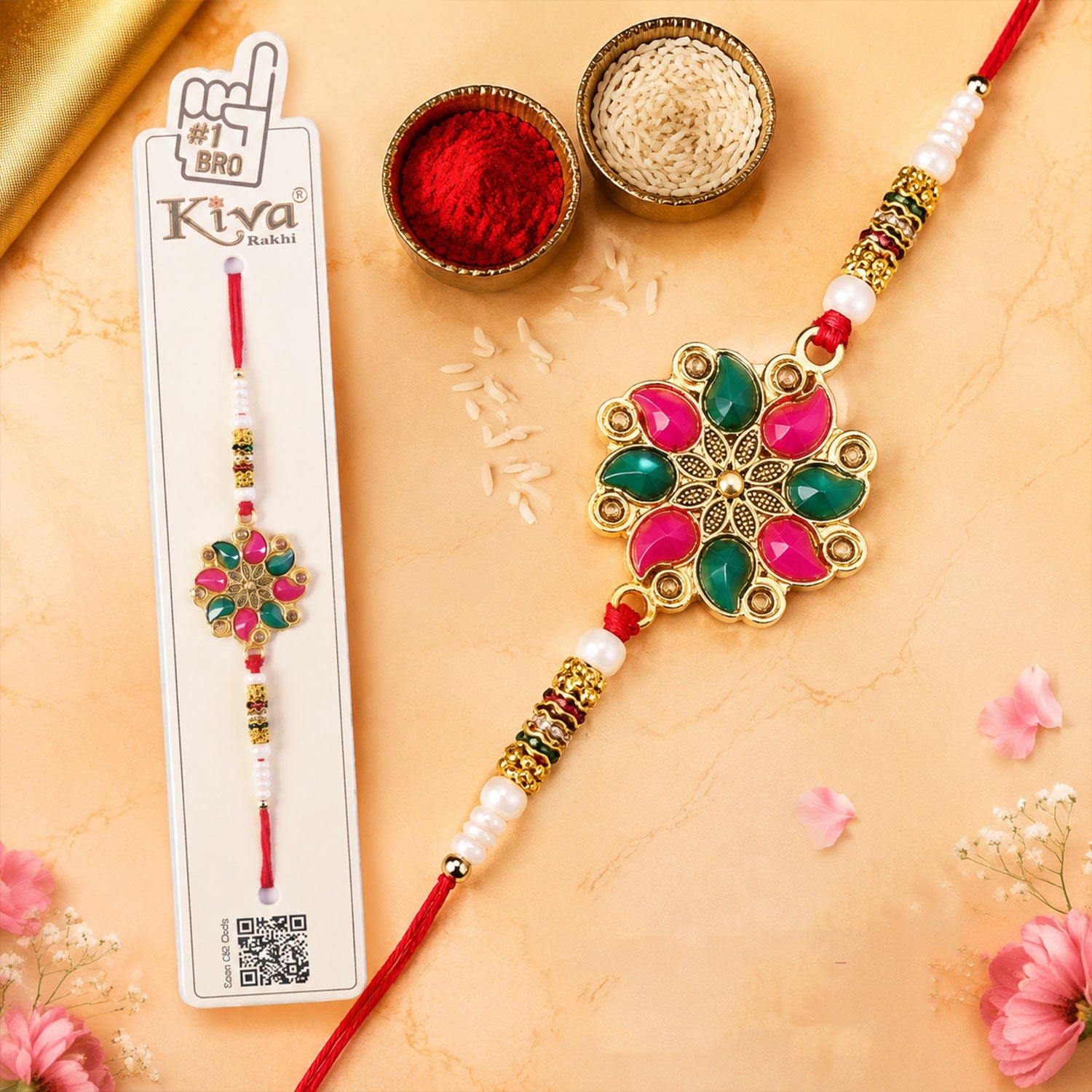 Floral Stone Designer Rakhi for Brother with intricate Kundan bead work displayed prominently.