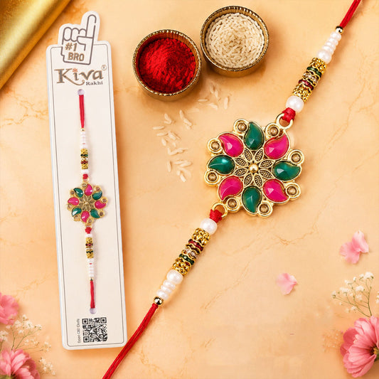 Floral Stone Designer Rakhi for Brother with Kundan Bead Work