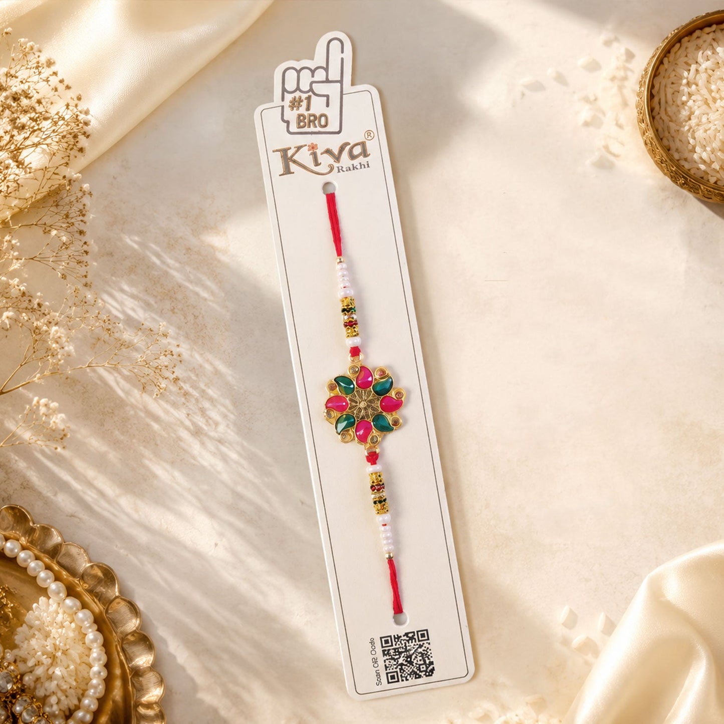 Floral Stone Designer Rakhi presented with a focus on its festive packaging.