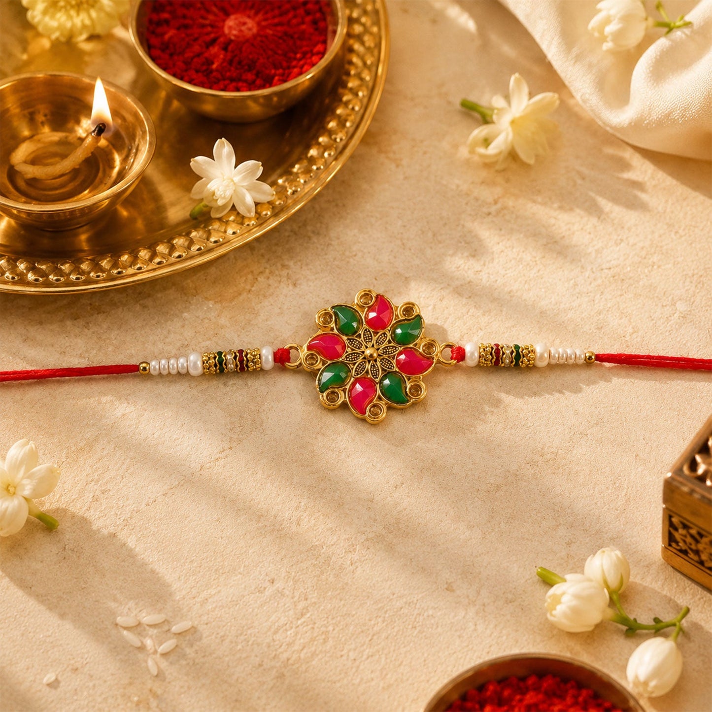 Close up of the floral stone and Kundan bead work on the designer Rakhi.