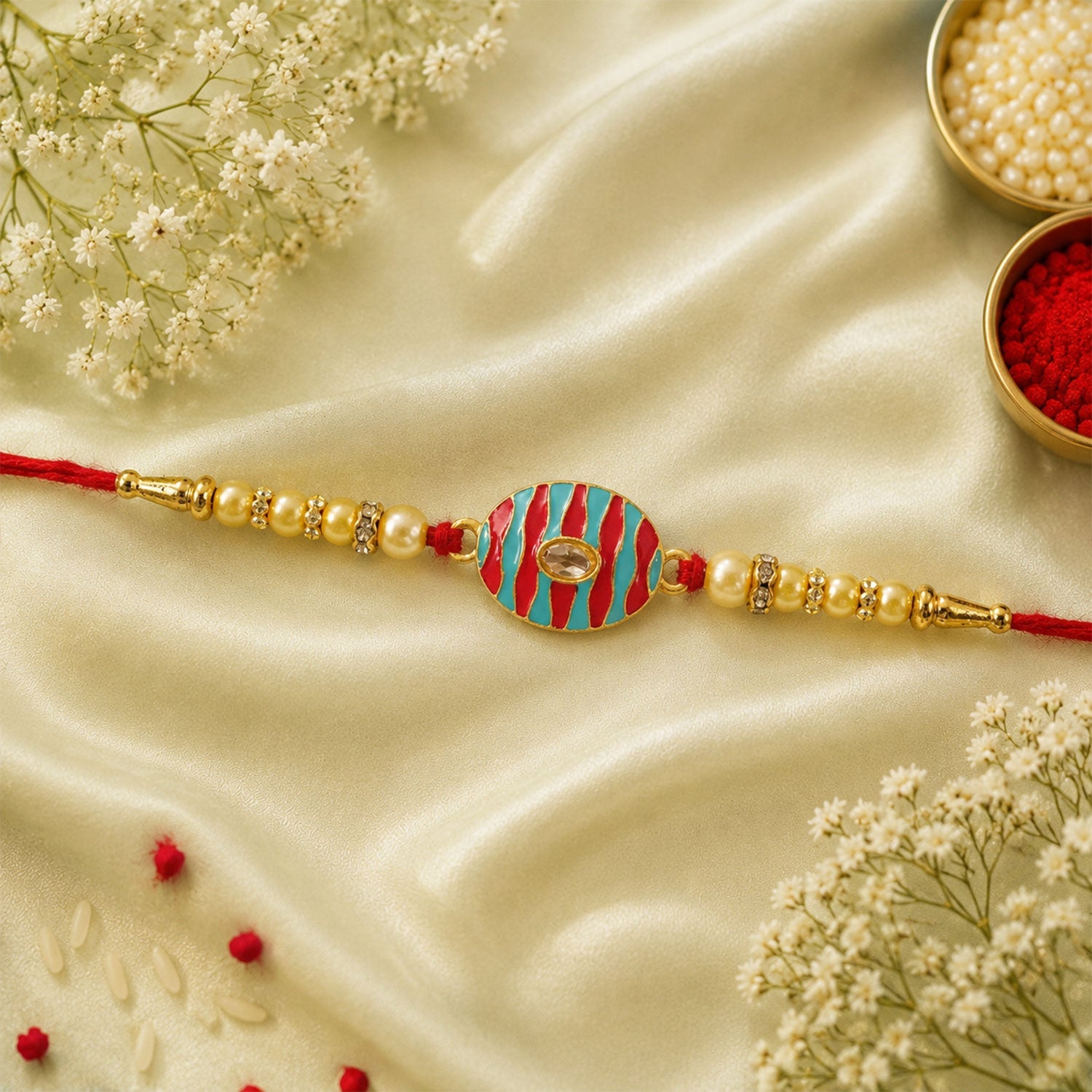 Side view of the designer Kundan Rakhi, showcasing its festive design.