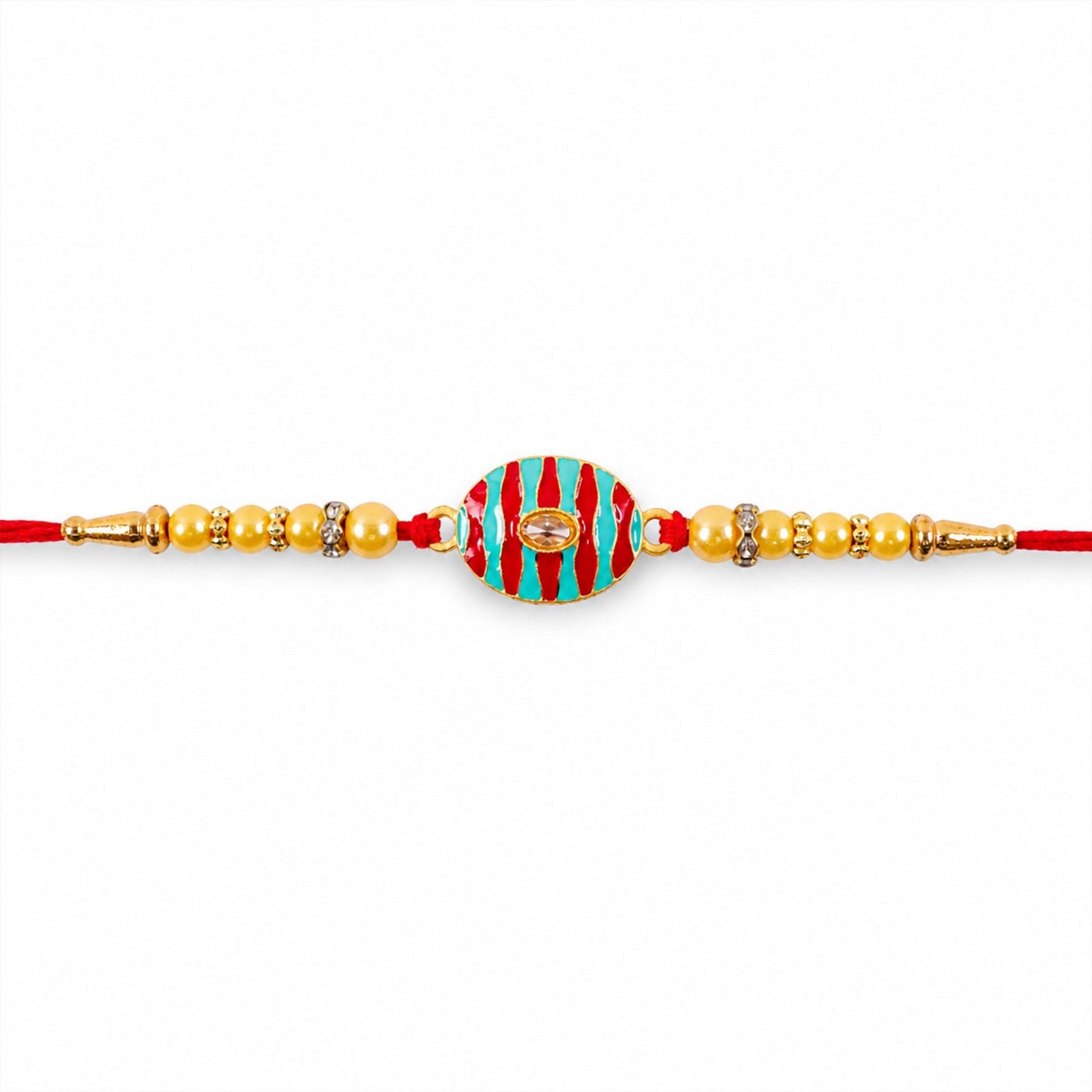 Detailed view of the comfortable thread and back of the Kundan Rakhi.