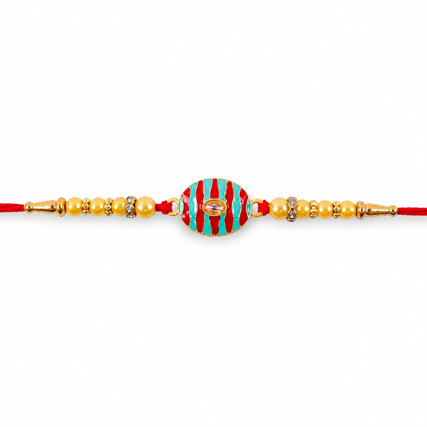 Detailed view of the comfortable thread and back of the Kundan Rakhi.