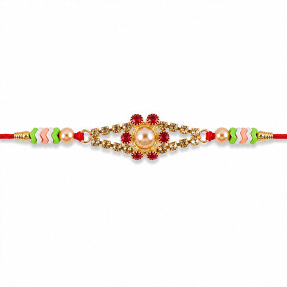 Front view of the pearl stone rakhi highlighting its central motif.