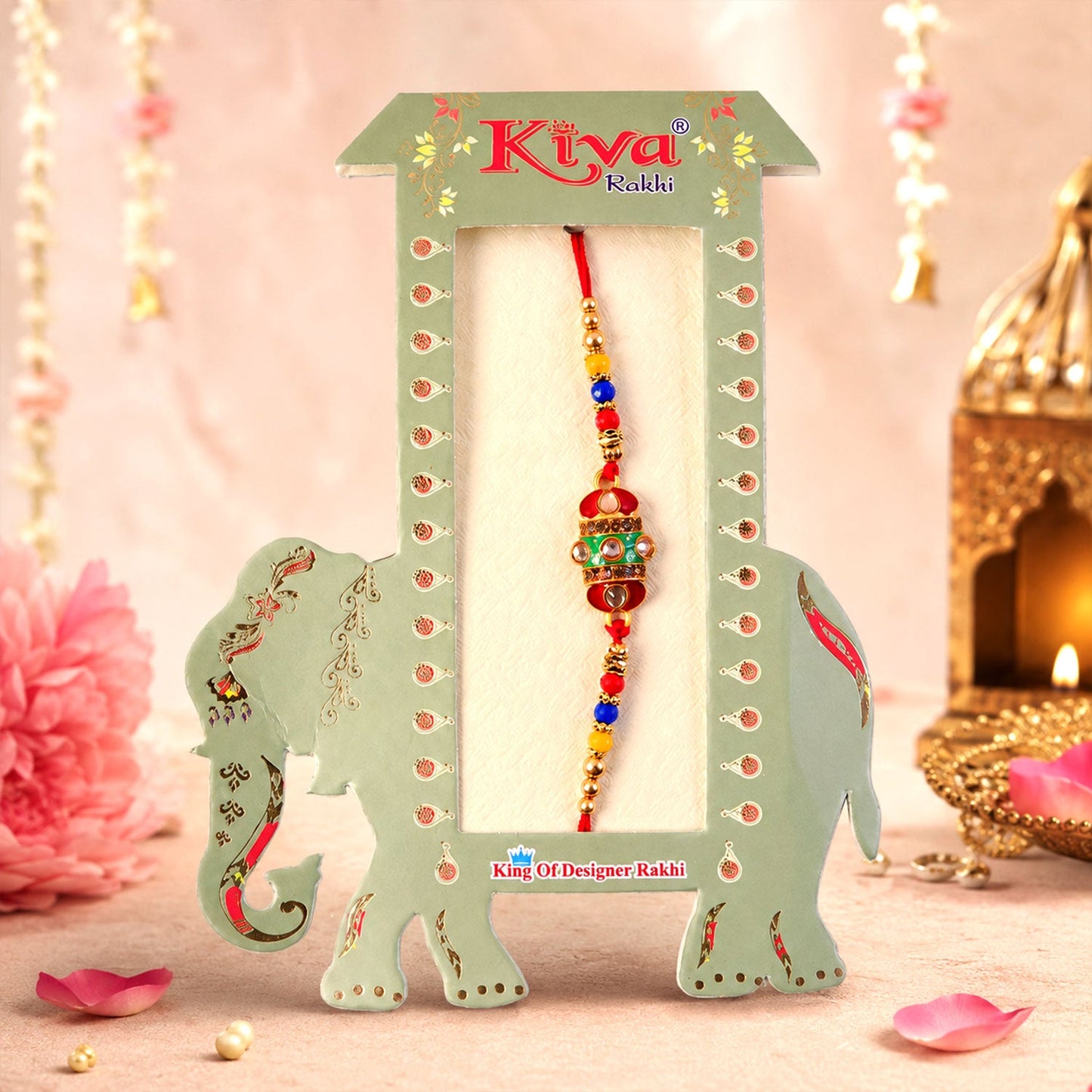 Top view of the exquisite Kundan Rakhi showcasing its intricate craftsmanship and vibrant colours.