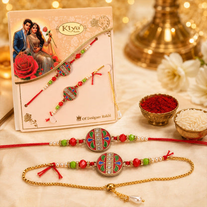 Meenakari Stone Studded Pearl Lumba Bhaiya Bhabhi Rakhi Set
