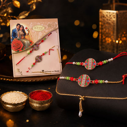 Meenakari Stone Studded Pearl Lumba Bhaiya Bhabhi Rakhi Set