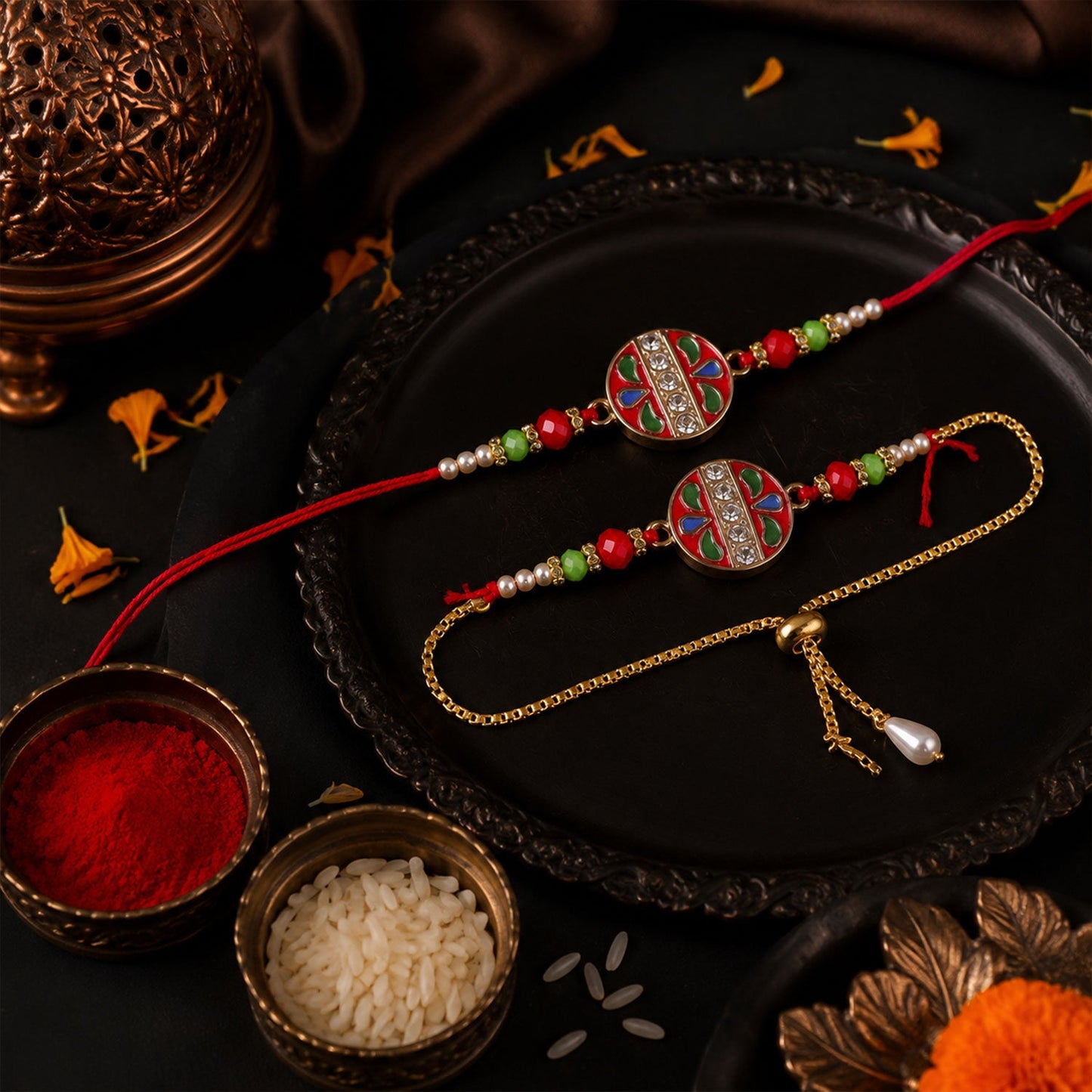 Meenakari Stone Studded Pearl Lumba Bhaiya Bhabhi Rakhi Set