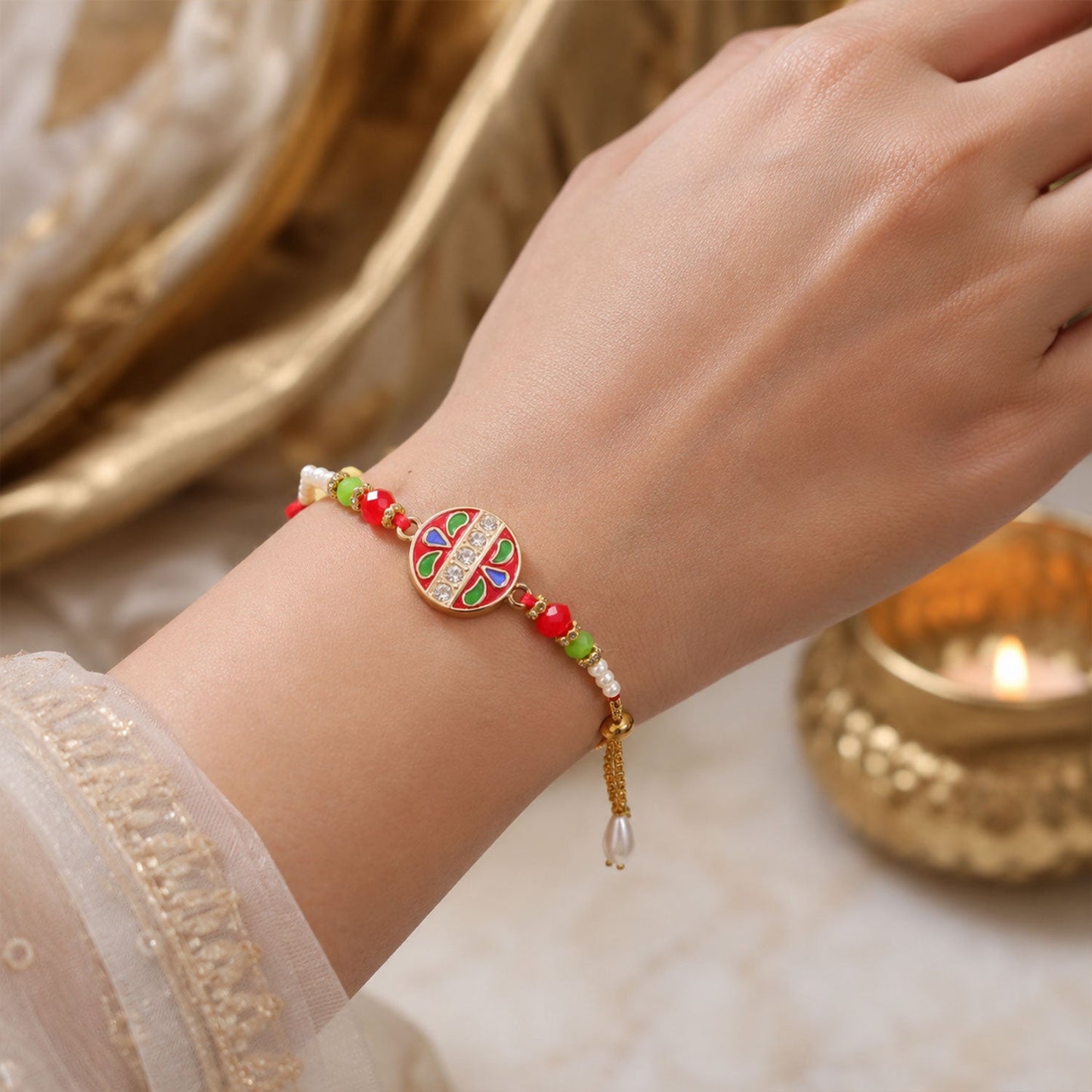 Meenakari Stone Studded Pearl Lumba Bhaiya Bhabhi Rakhi Set