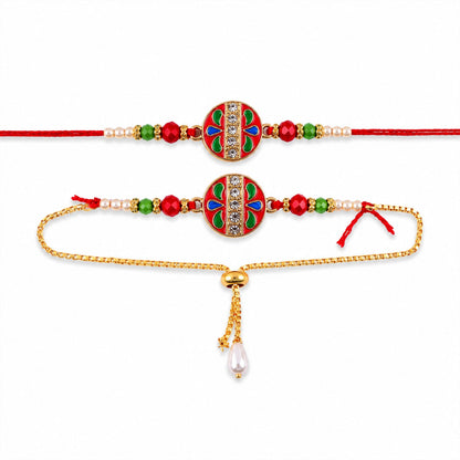 Meenakari Stone Studded Pearl Lumba Bhaiya Bhabhi Rakhi Set