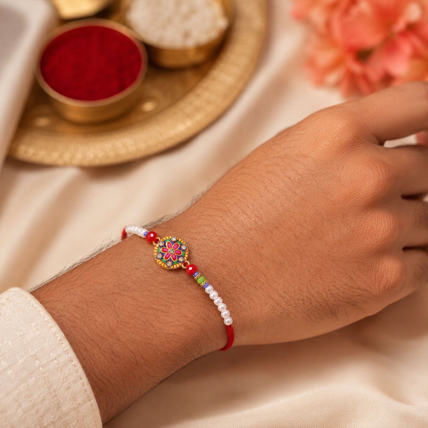 Floral Meenakari Stone Chain Lumba Bhaiya Bhabhi Rakhi Set