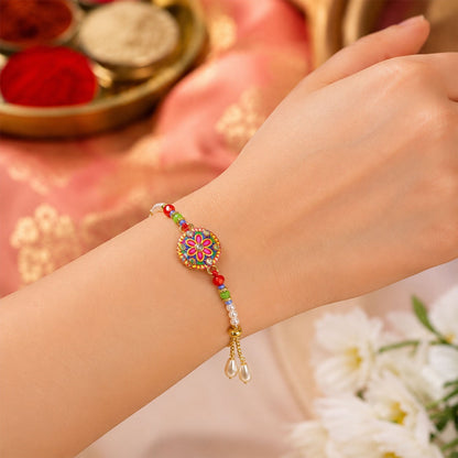 Floral Meenakari Stone Chain Lumba Bhaiya Bhabhi Rakhi Set