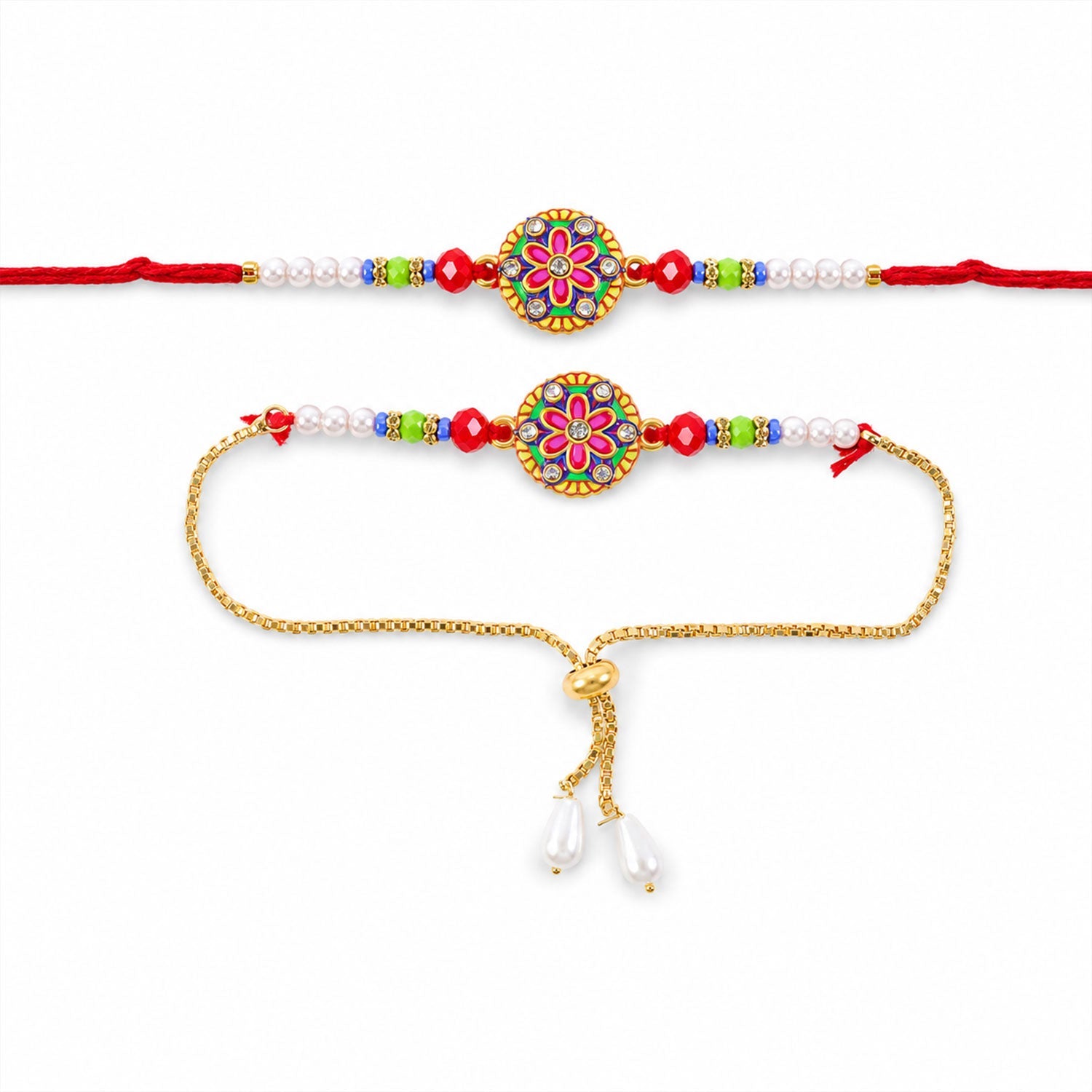Floral Meenakari Stone Chain Lumba Bhaiya Bhabhi Rakhi Set