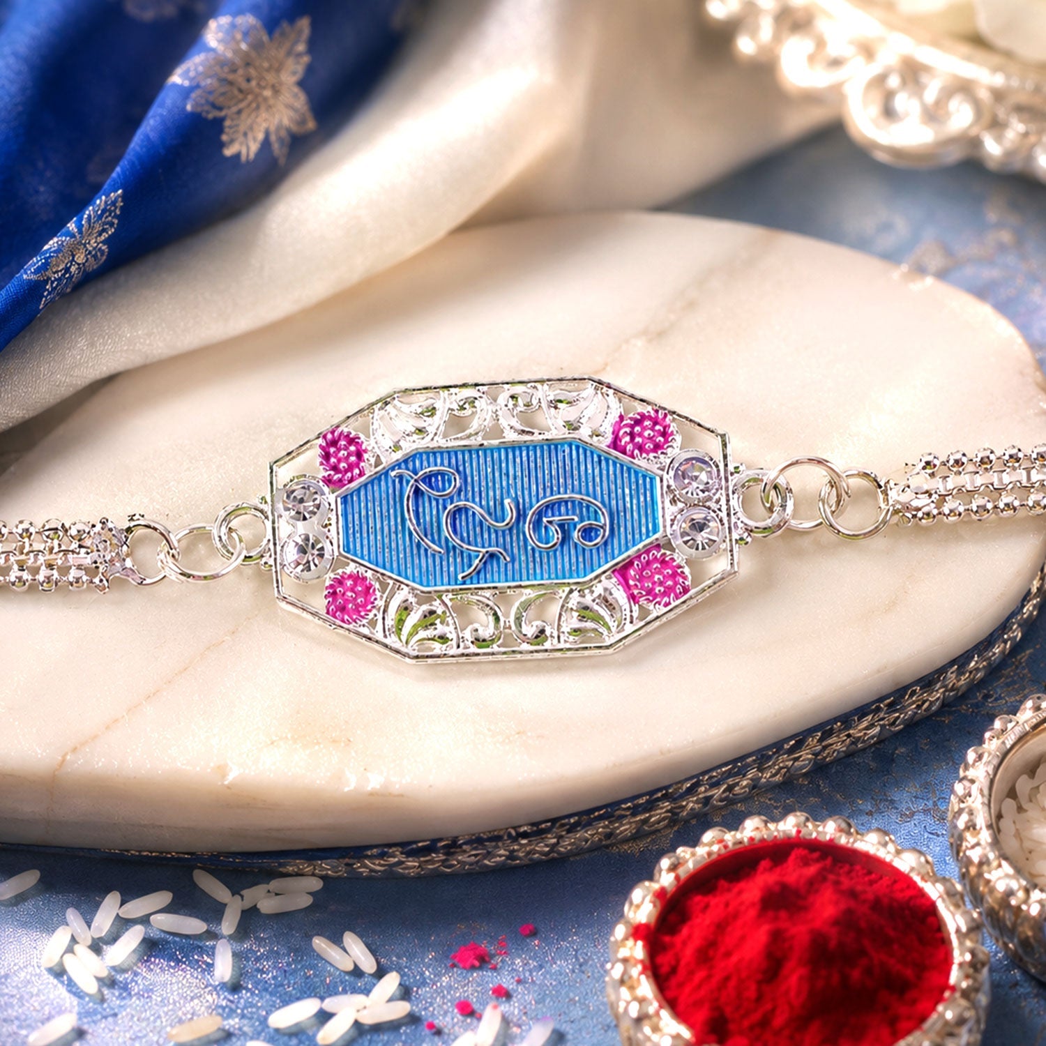 Blessings Text Stone Studded Chain Rakhi for Brother