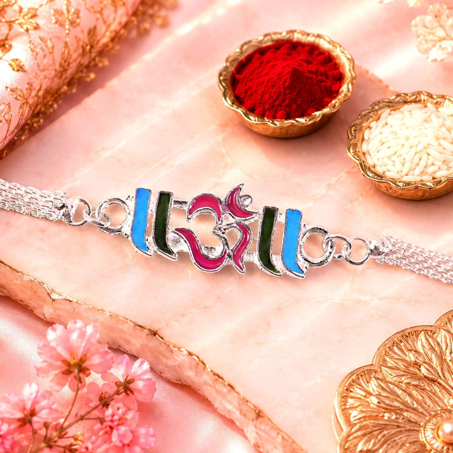 Om Text Stone Studded Designer Chain Rakhi for Brother