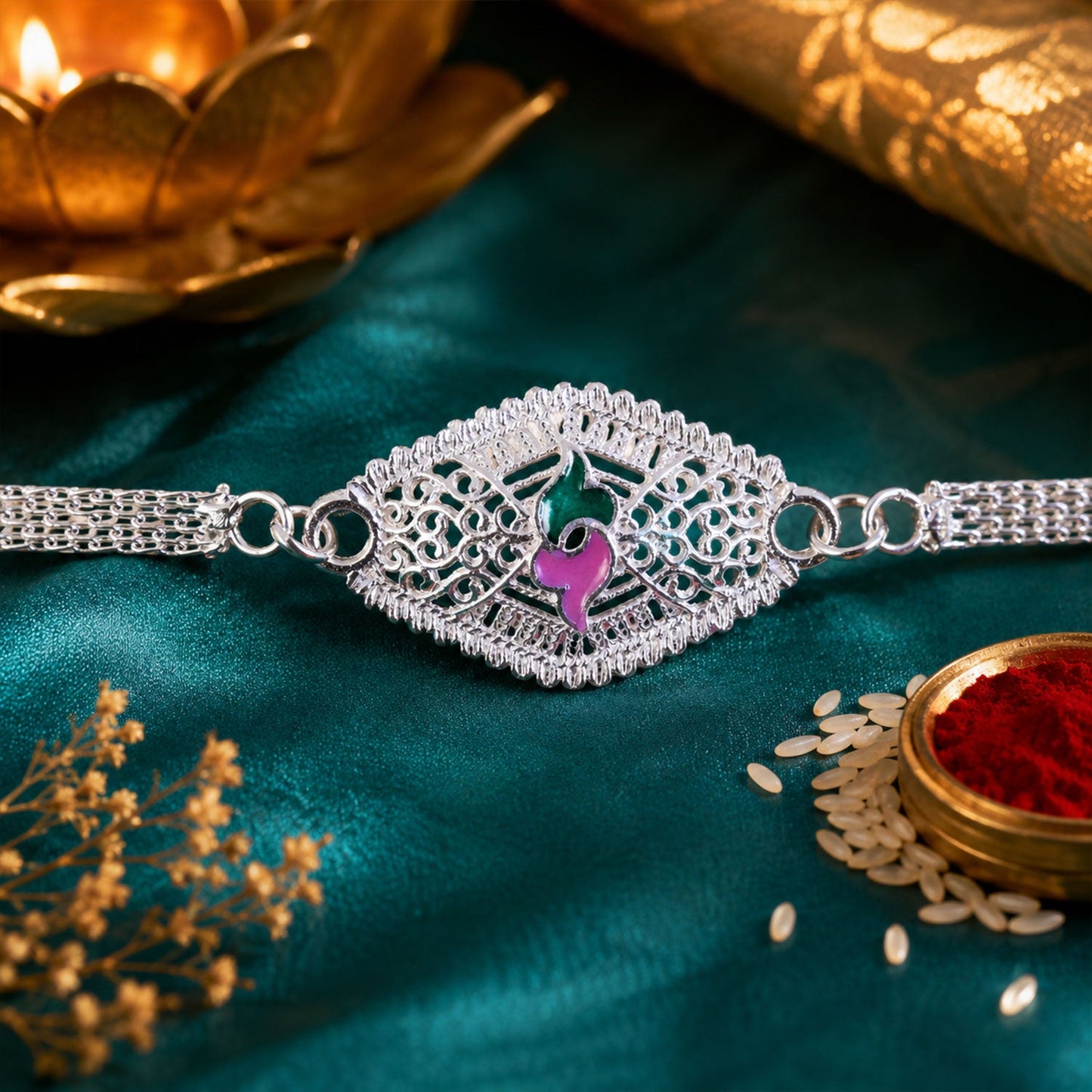 Leaf Motif Stone Studded Designer Chain Rakhi for Brother
