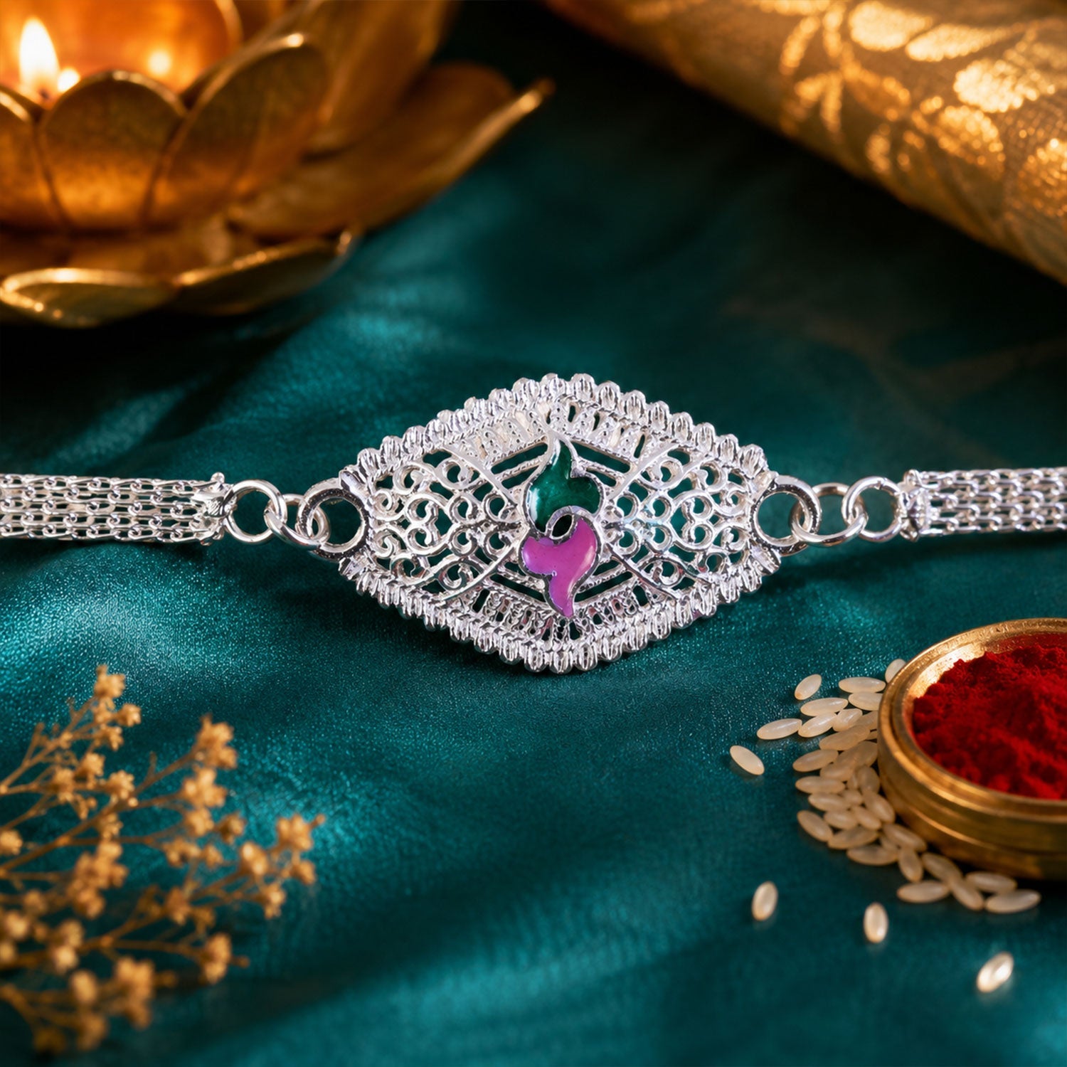 Leaf Motif Stone Studded Designer Chain Rakhi for Brother