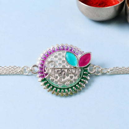 Round Shree Krishn Design Stone Studded Designer Chain Rakhi for Brother