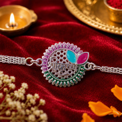 Round Shree Krishn Design Stone Studded Designer Chain Rakhi for Brother