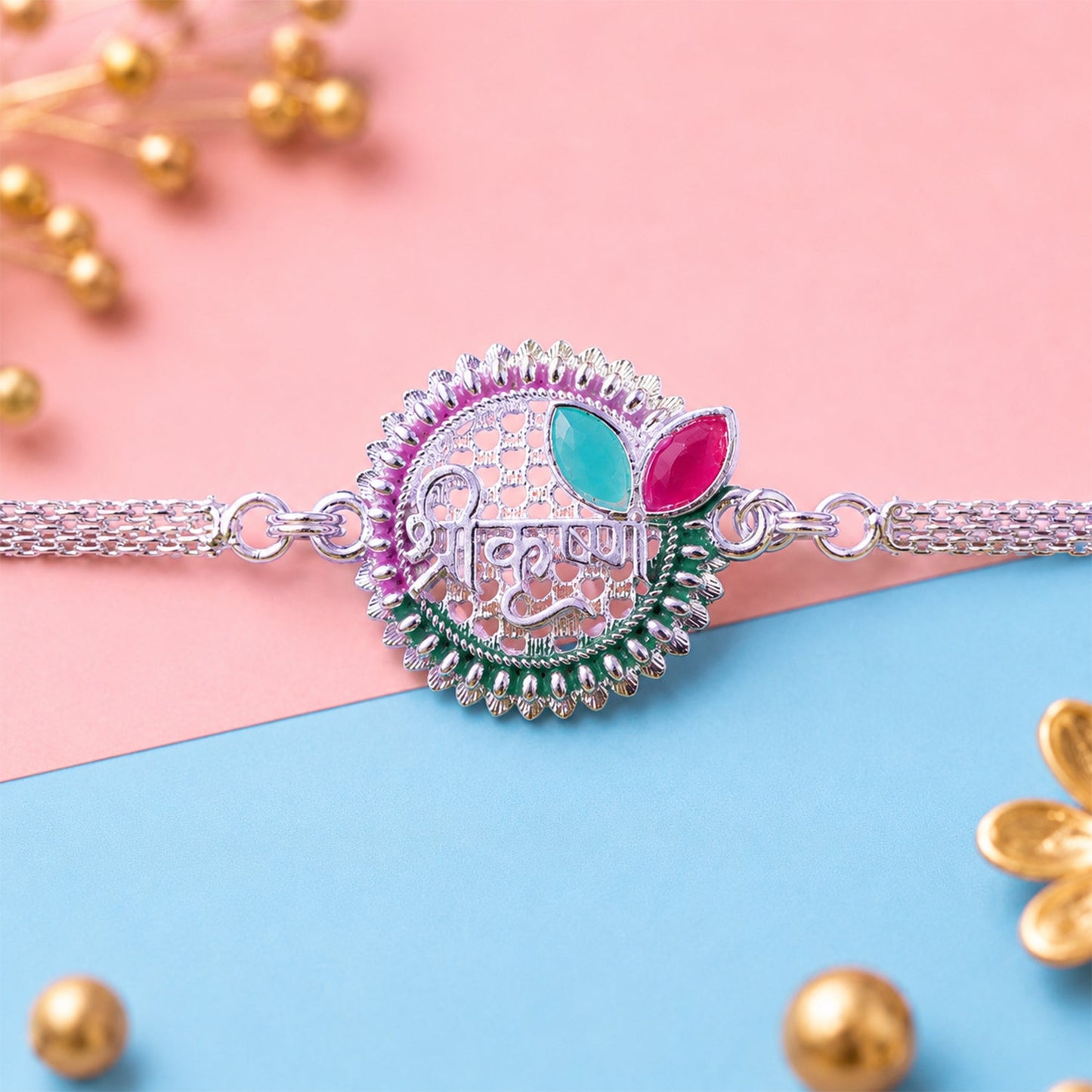 Round Shree Krishn Design Stone Studded Designer Chain Rakhi for Brother