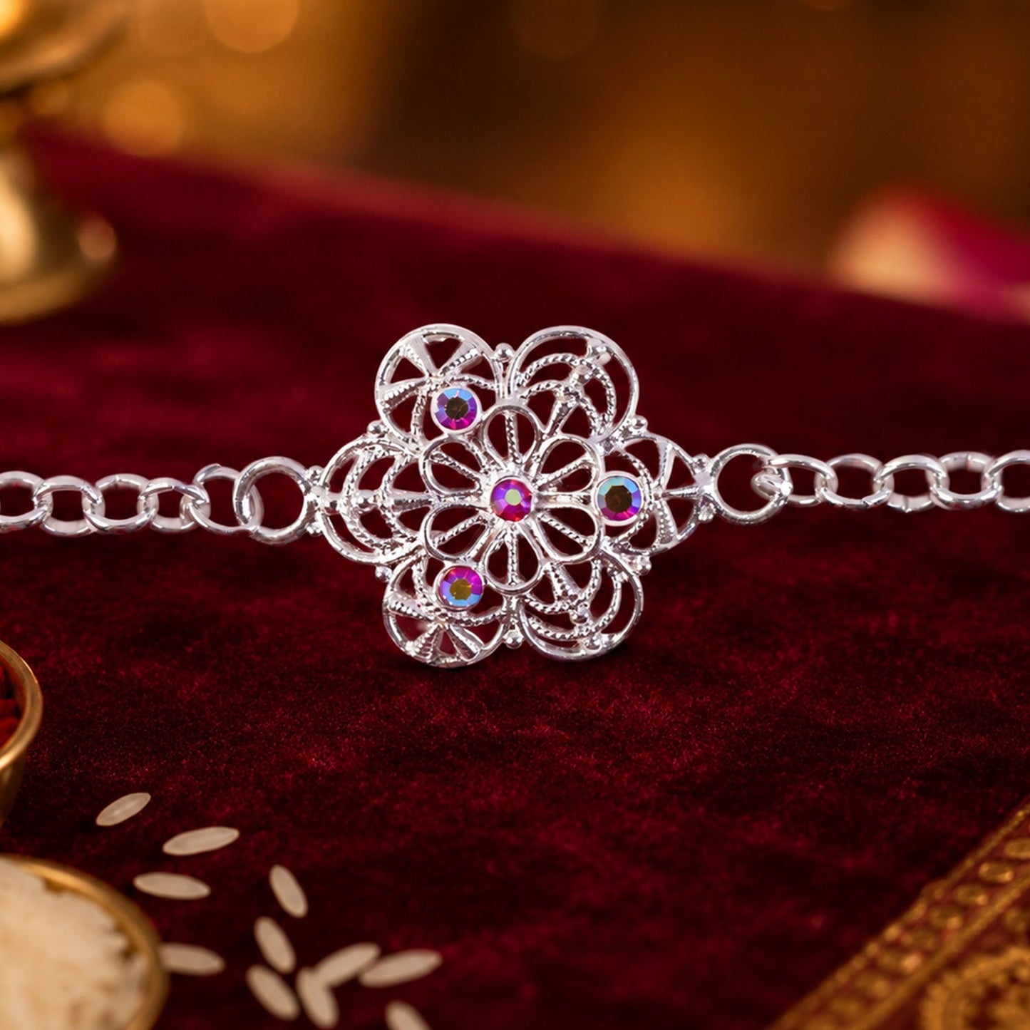 Floral Stone Studded Designer Chain Rakhi for Brother