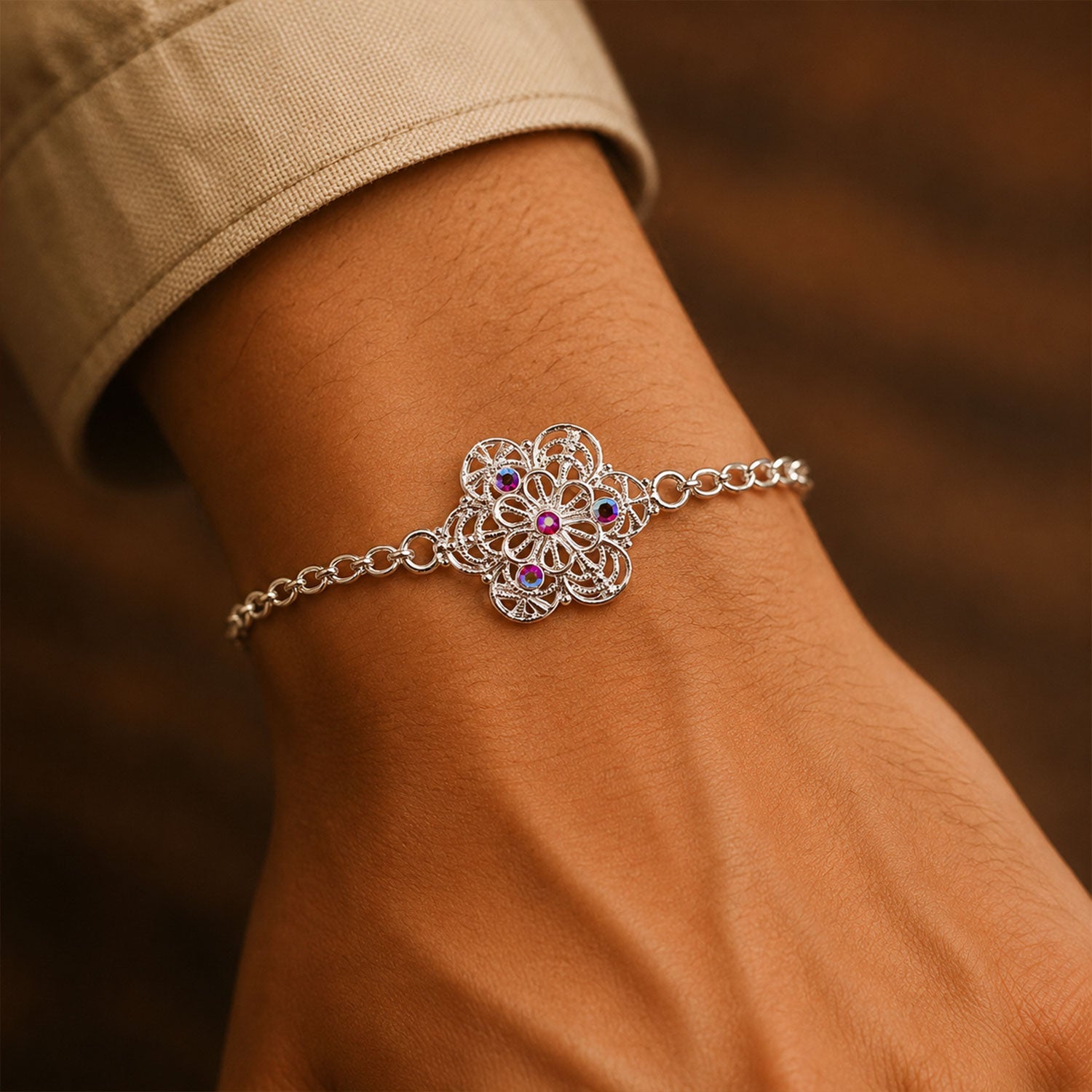 Floral Stone Studded Designer Chain Rakhi for Brother