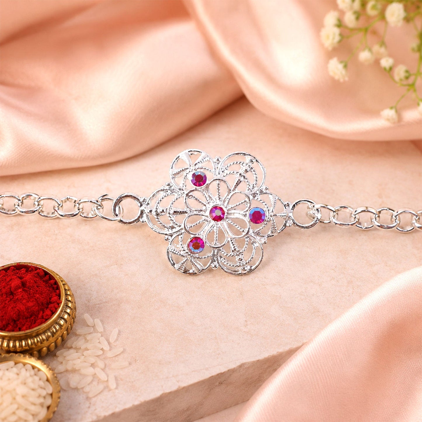 Floral Stone Studded Designer Chain Rakhi for Brother