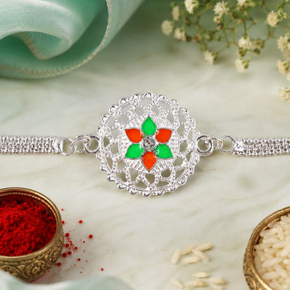 Floral Center Stone Studded Chain Rakhi for Brother
