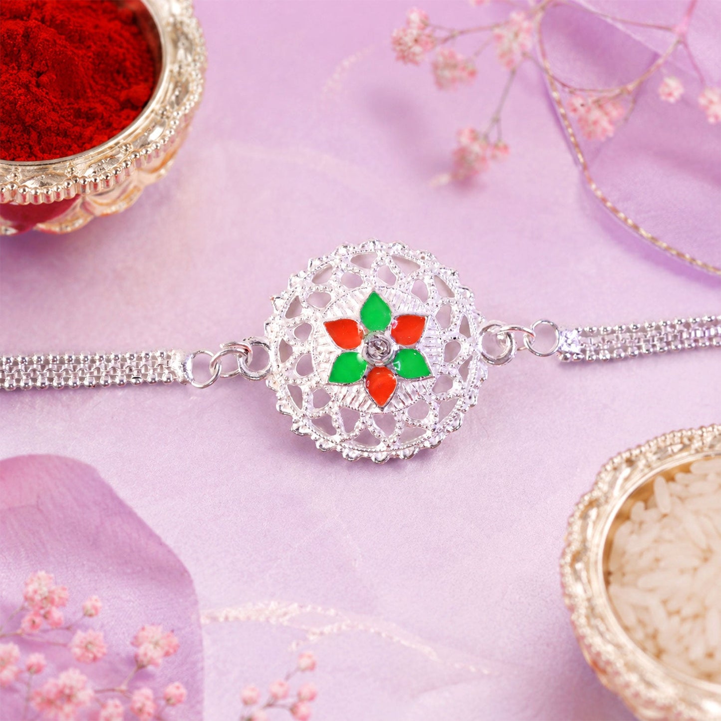 Floral Center Stone Studded Chain Rakhi for Brother