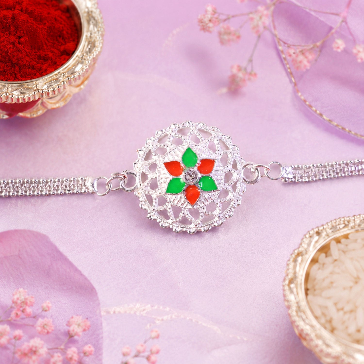 Floral Center Stone Studded Chain Rakhi for Brother