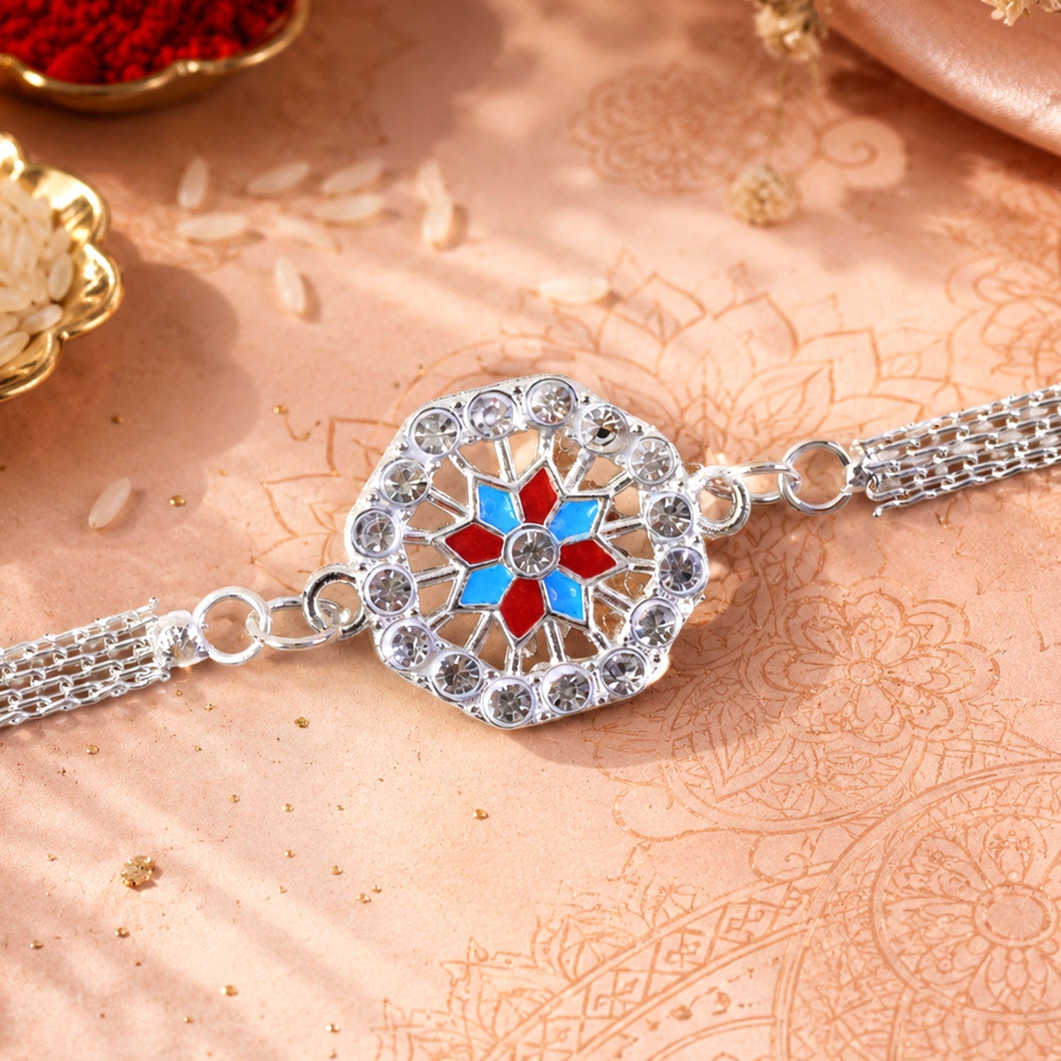 Round Floral Stone Studded Designer Chain Rakhi for Brother