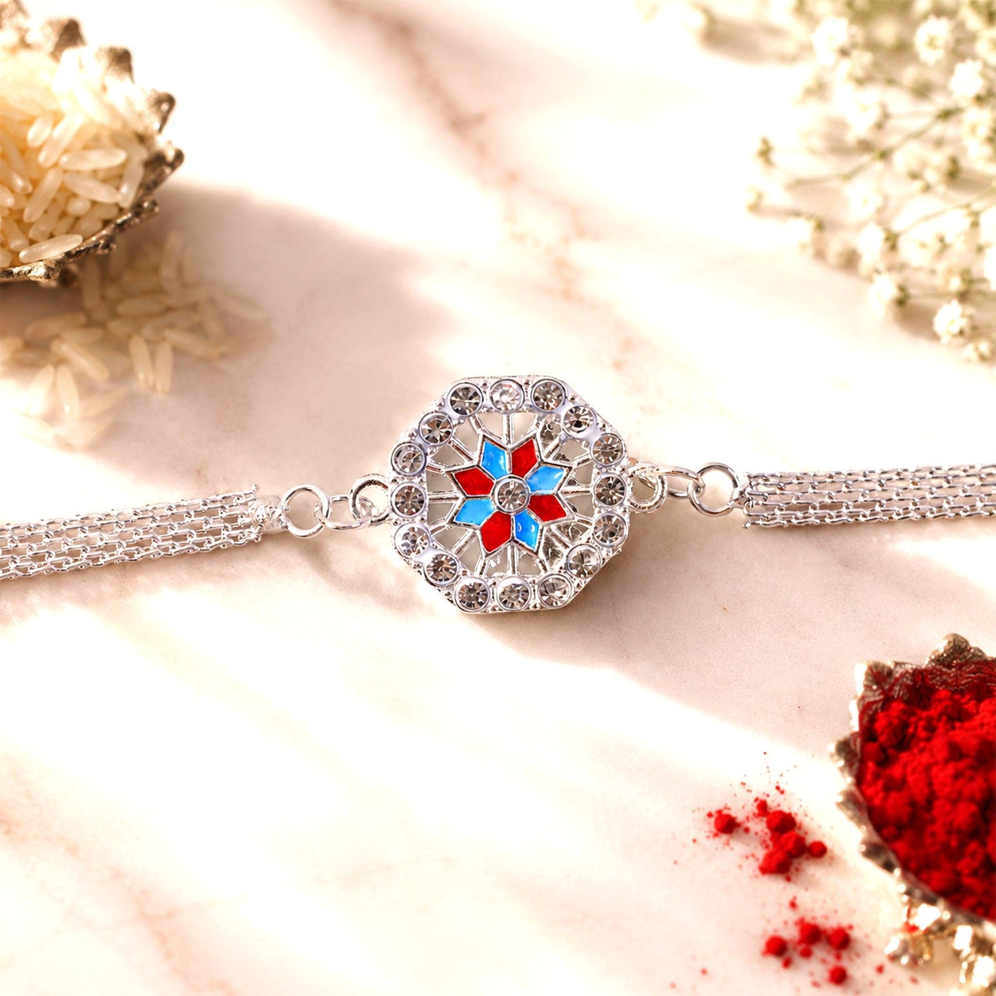 Round Floral Stone Studded Designer Chain Rakhi for Brother