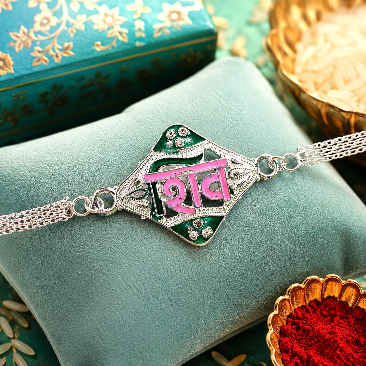 Shiv Text Diamond Shape Designer Chain Rakhi for Brother