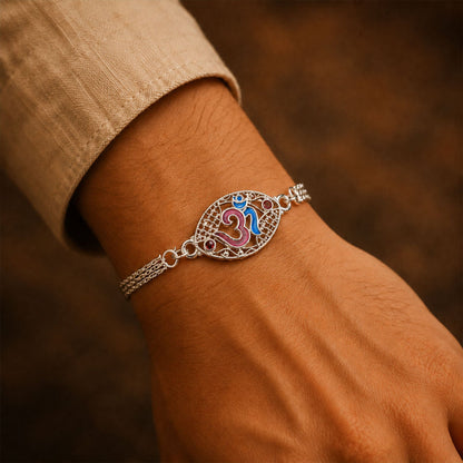Om Symbol Oval Stone Studded Chain Rakhi for Brother