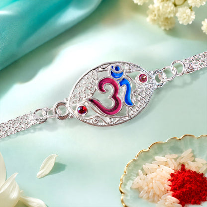 Om Symbol Oval Stone Studded Chain Rakhi for Brother