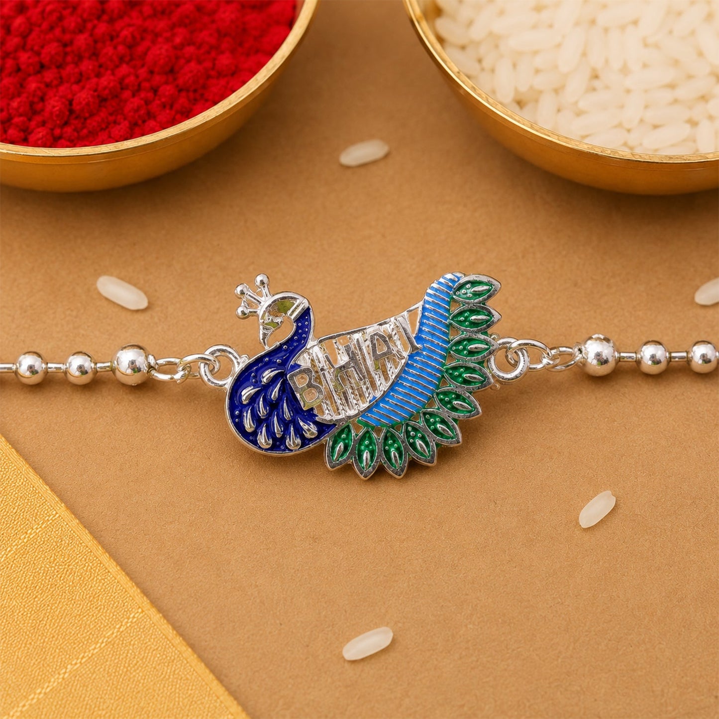 Bhai Text Peacock Designer Chain Style Rakhi for Brother