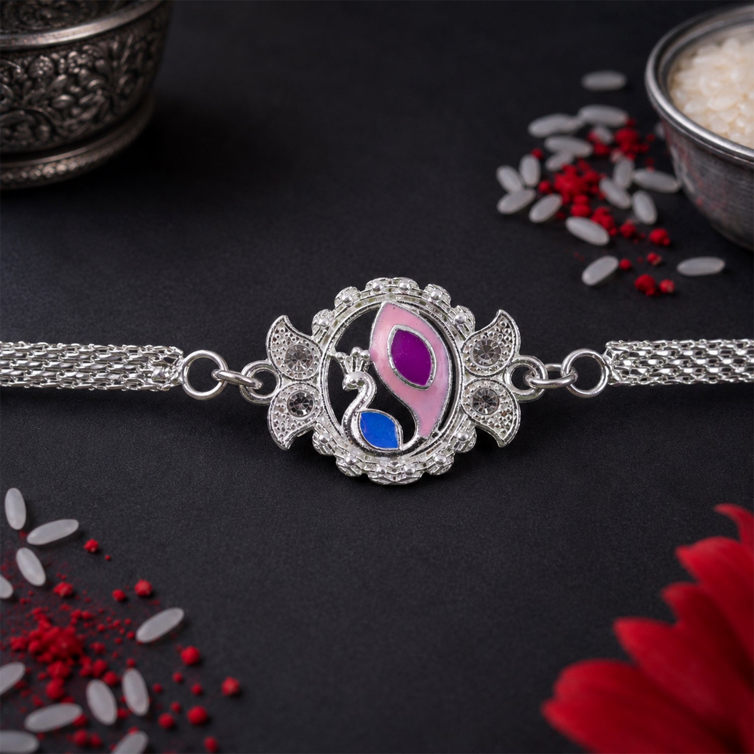 Peacock Motif Stone Studded Chain Rakhi for Brother