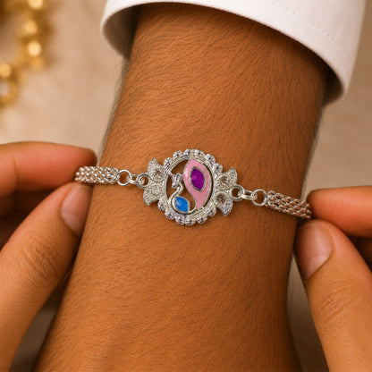 Peacock Motif Stone Studded Chain Rakhi for Brother